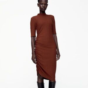 ZARA Mock-Neck Short Sleeve Dress with Ruching